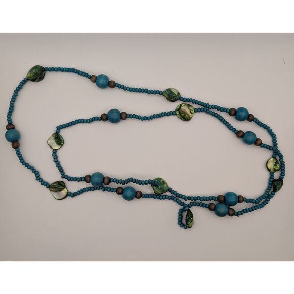 Boho Beaded Necklace – Turquoise Seed Beads, Wooden Beads & Green Shell Accents - Picture 1 of 1